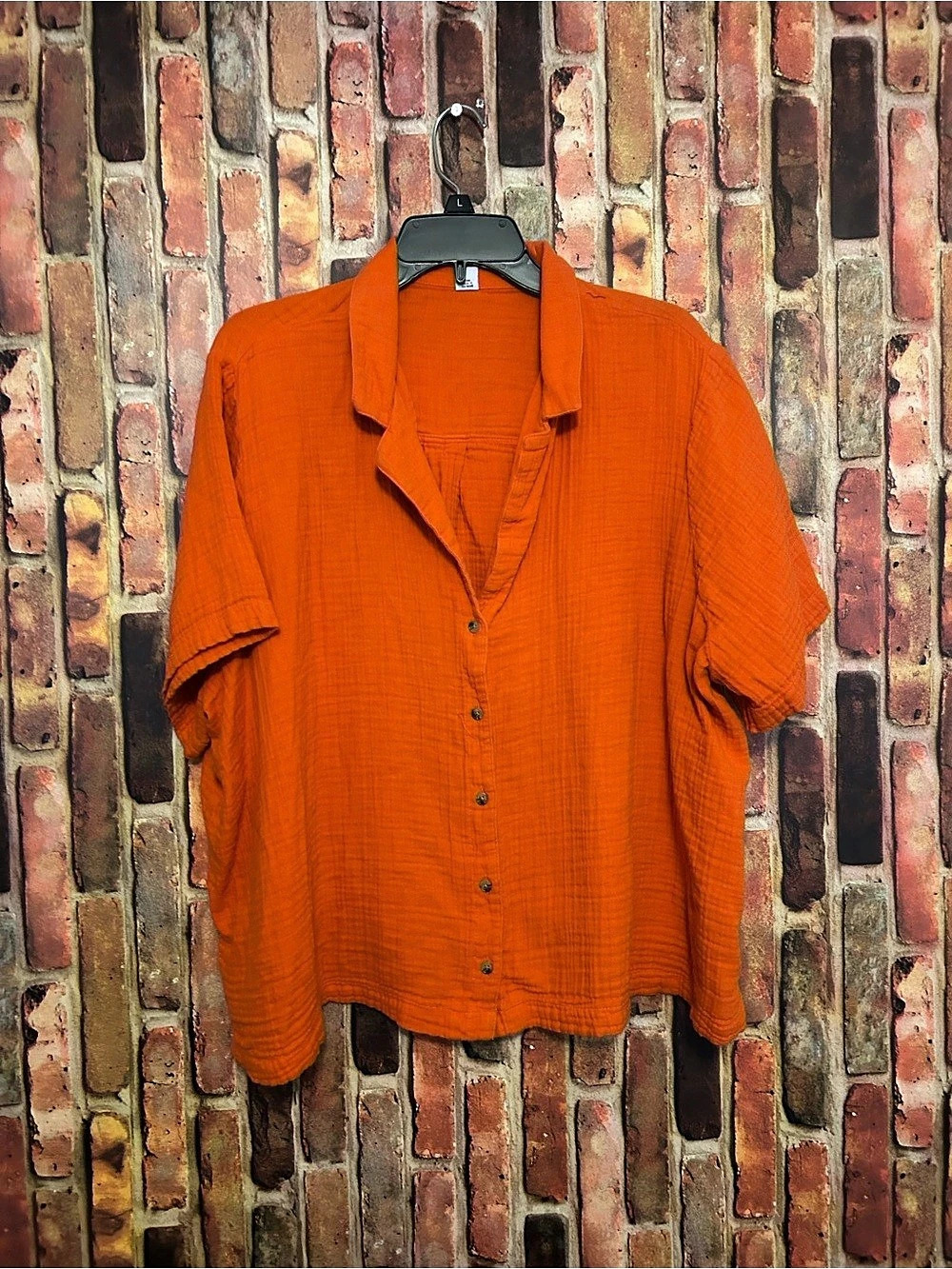 Old Navy Crinkle Gauze Loose Button-Down Shirt Orange 2X